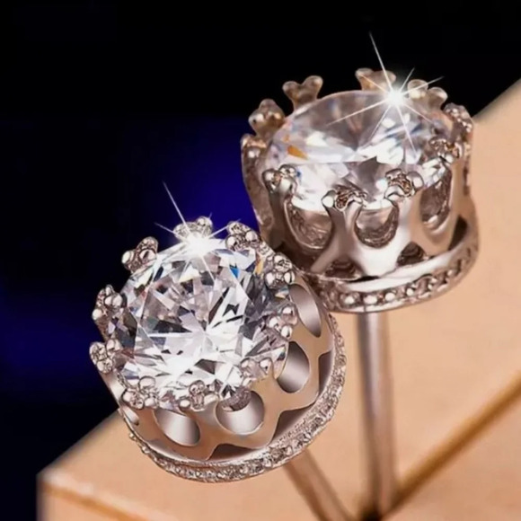 3 ctw 18k White Gold S925 Crown Stud Diamond Simulate Earrings - Picture 8 of 14